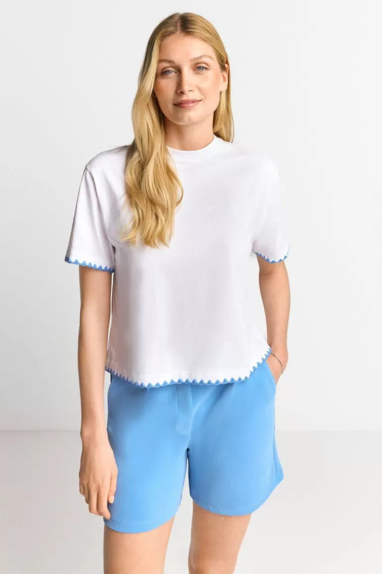 Damen Rich & Royal T-Shirts | Weißes T-Shirt Mit Blauen Stickereien